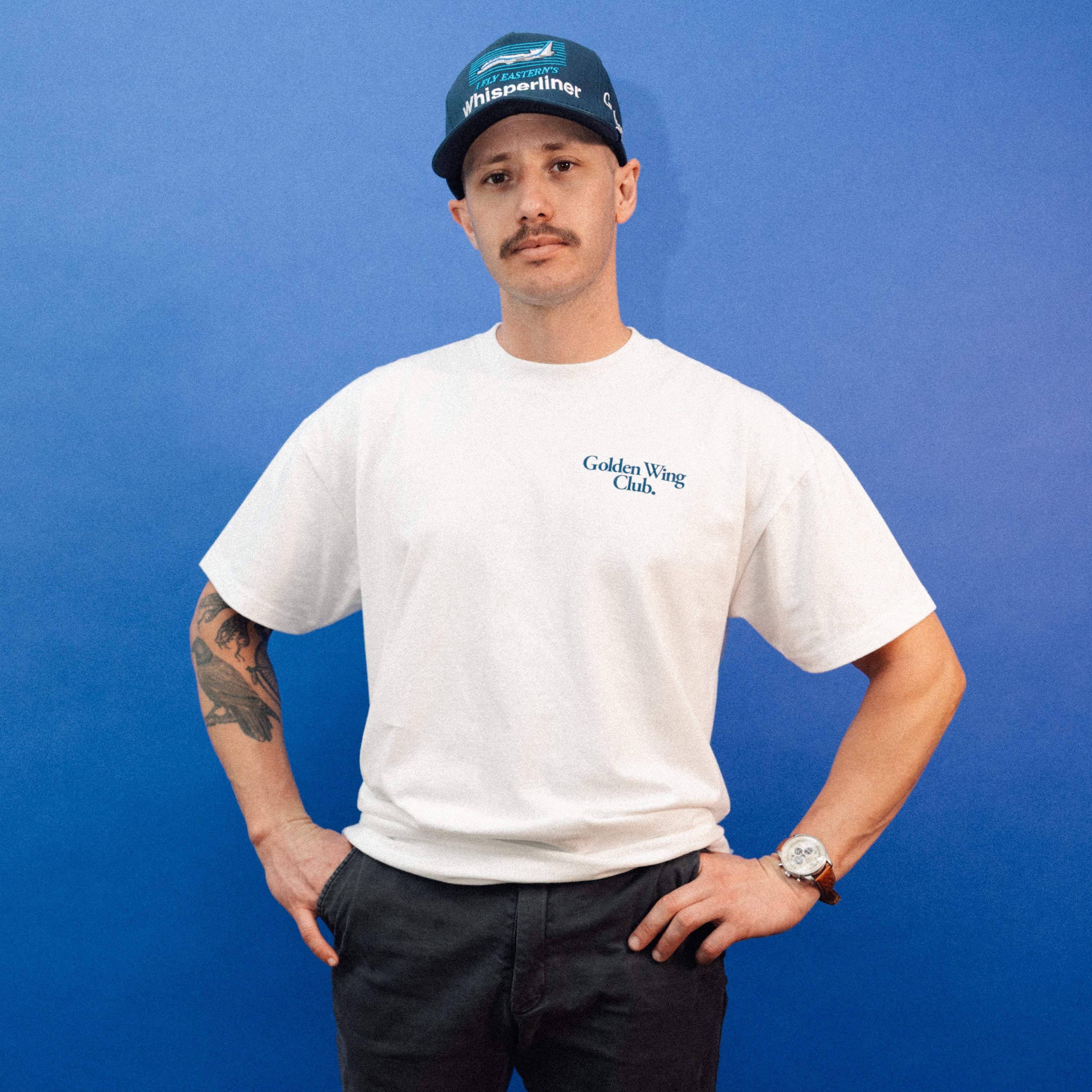 Man wearing Golden Wing Club's 747 T-Shirt