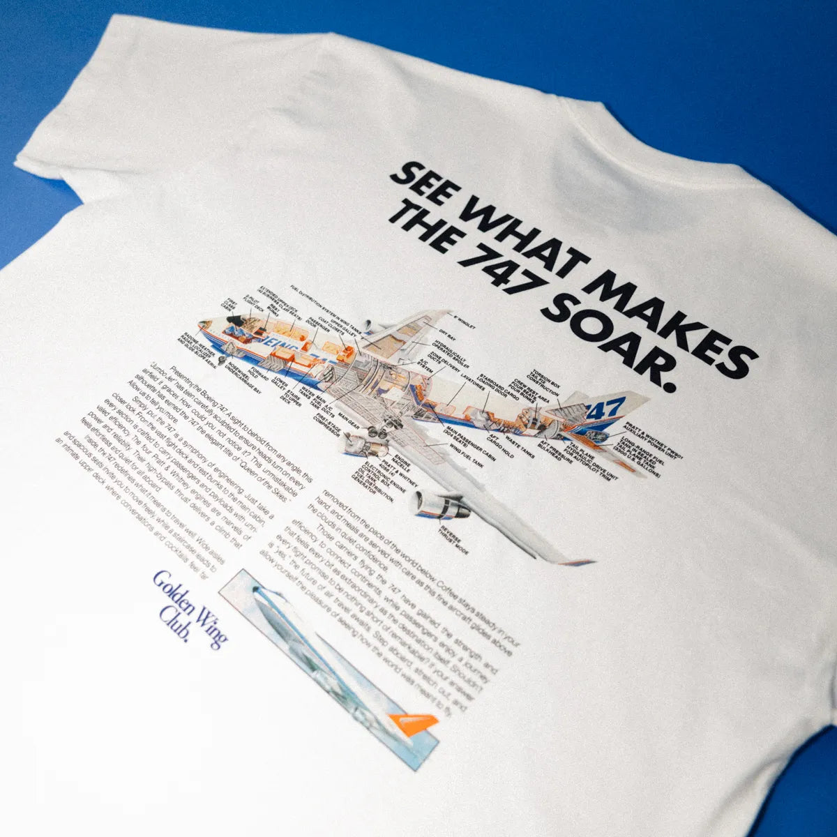Men's Boeing 747 t-shirt lifestyle shot — Golden Wing Club